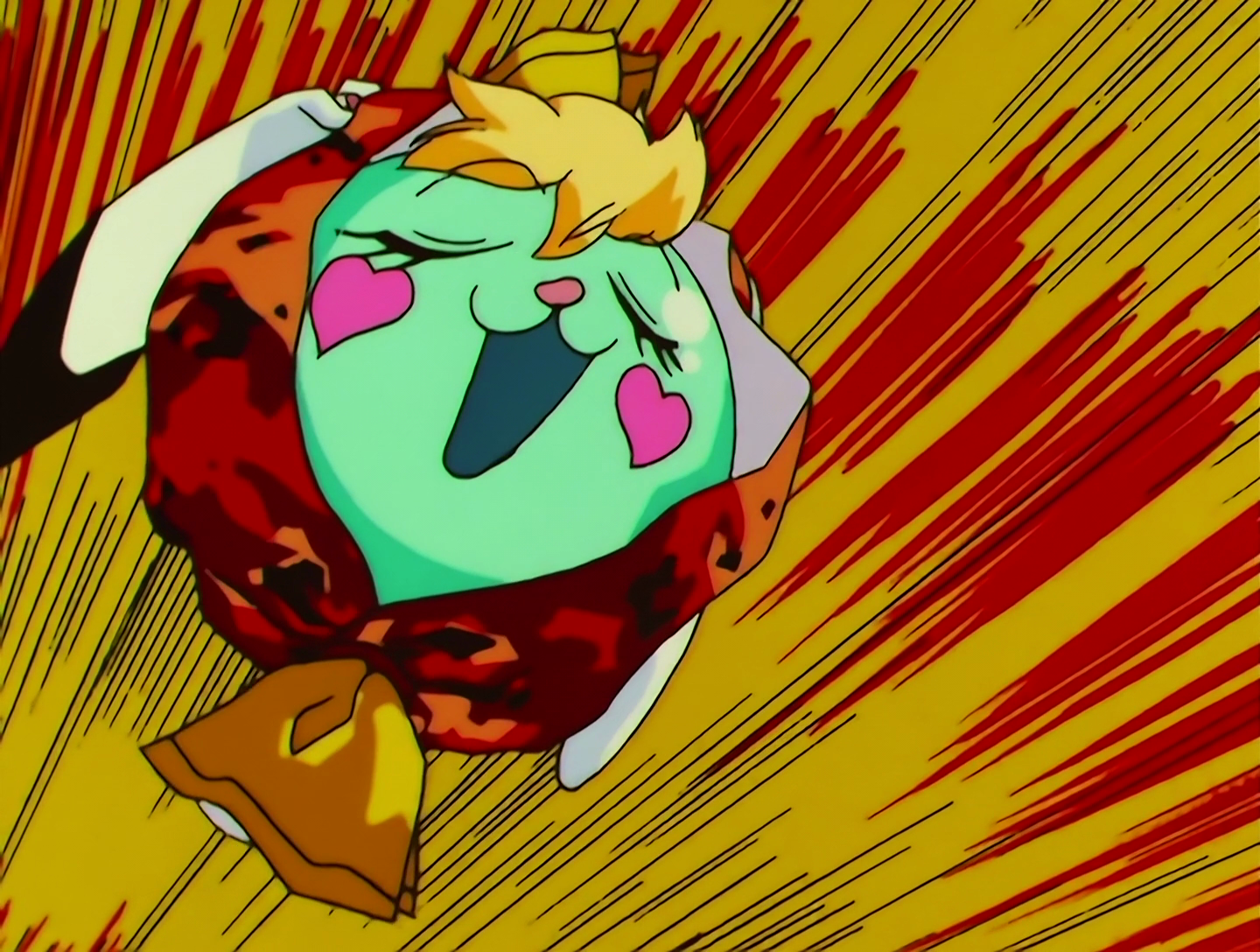 PeroPero, a Lemures from Sailor Moon episode 158. Here we go. This first form of PeroPero is a giant ball of candy, half unwrapped so that we can see her face. The face is turquoise, with a tuft of blonde hair, and kind of resembles a rabbit’s face, with long white ears. She has pink hearts painted on her cheeks, and a happy expression. This will change.